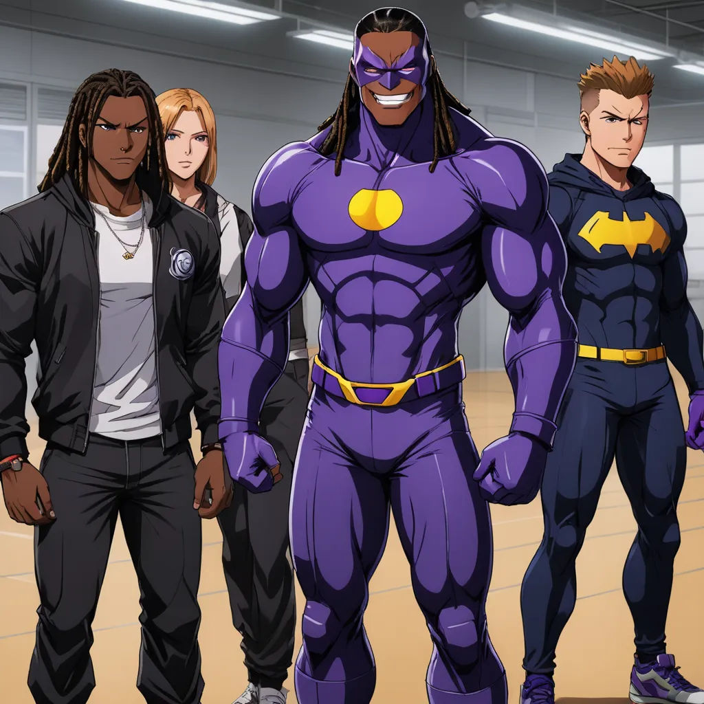 a group of people standing next to each other in a building with a batman costume on and a man in a black suit, rayonism, concept art, Altichiero, official art