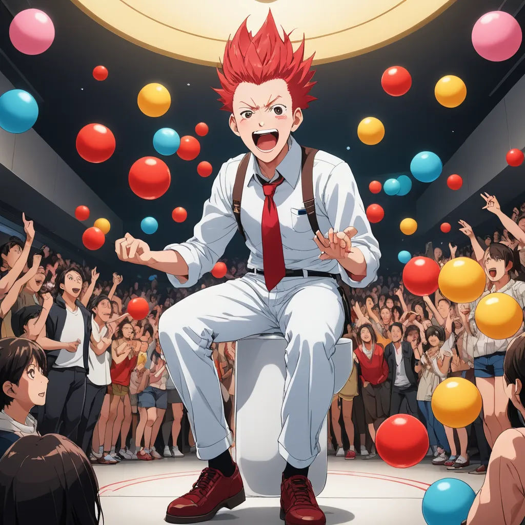 a man with red hair sitting on a chair surrounded by balloons and people in a room with balloons floating around, sots art, a renaissance painting, Adam Manyoki, official art