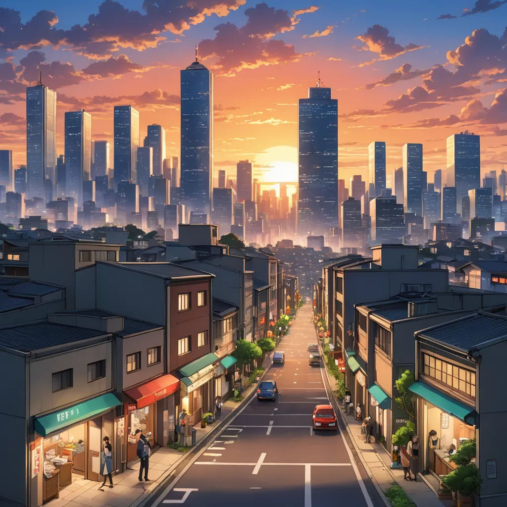 a cityscape with a sunset in the background and a person walking on the street in the foreground, rayonism, a detailed matte painting, Dan Mumford, city background