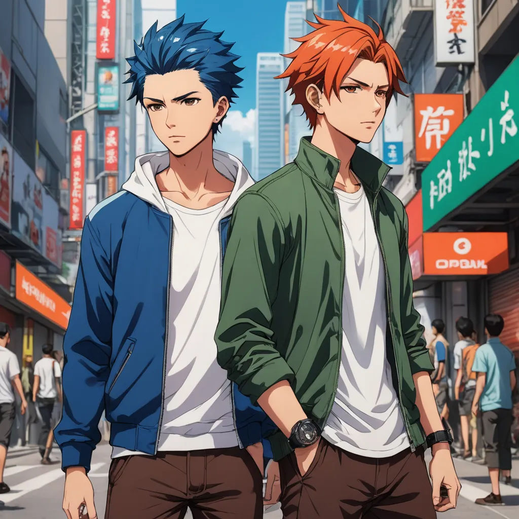 two young men standing next to each other on a street in front of a crowd of people with signs, sots art, an album cover, Ai-Mitsu, official art