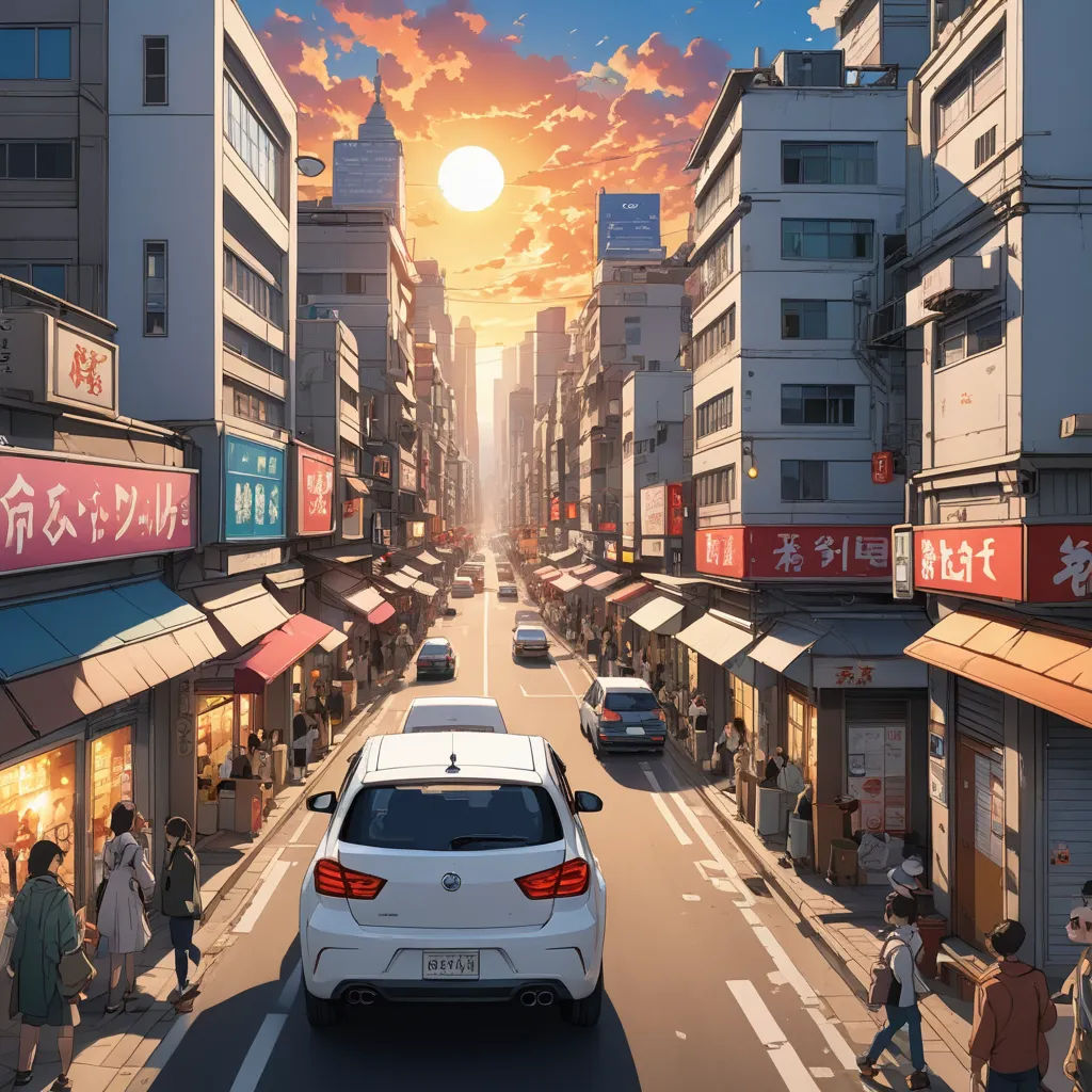 a car driving down a street next to tall buildings and people walking on the sidewalk near the buildings and cars, photorealism, a detailed matte painting, Chris LaBrooy, rossdraws global illumination