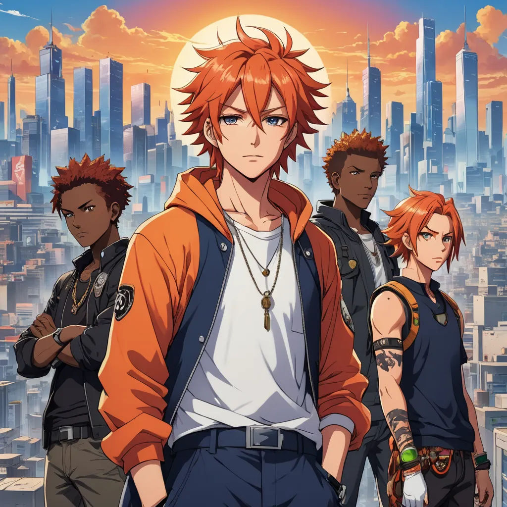 a group of young men standing in front of a city skyline with the sun setting behind them and a person with a red hair, rayonism, poster art, Cedric Seaut (Keos Masons), anime key visual