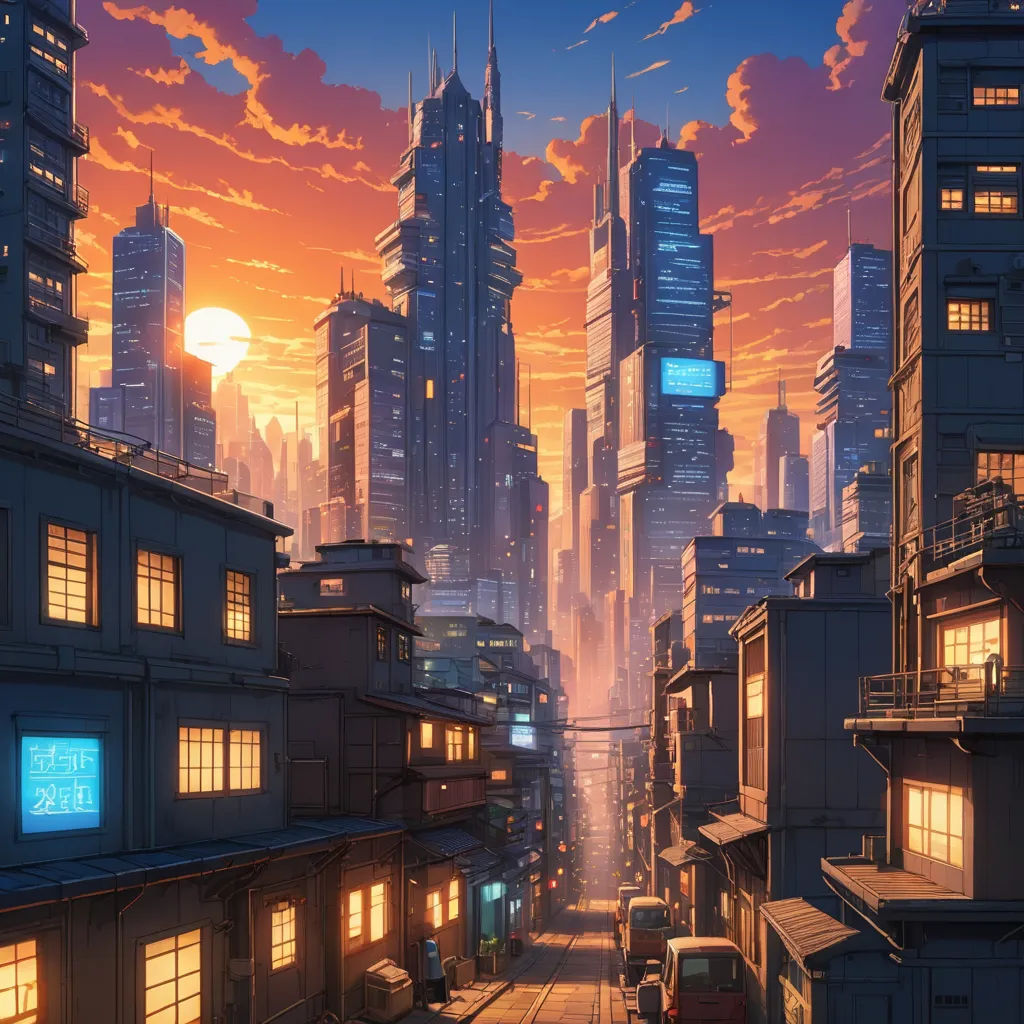 a cityscape with a sunset in the background and a car driving down the street in front of it, retrofuturism, a detailed matte painting, Dan Mumford, city background