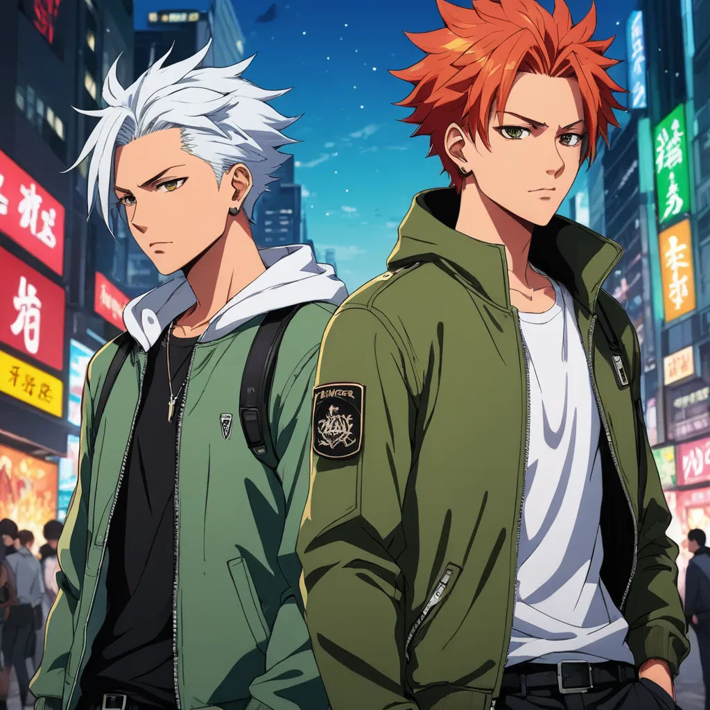 two anime characters standing in a city street at night with neon signs in the background and a neon sky, sots art, an album cover, Ai-Mitsu, official art