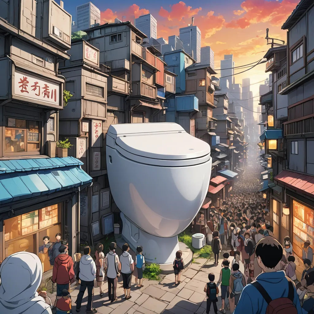 a group of people standing around a toilet in a city street with buildings in the background and a crowd of people standing around, fantastic realism, a detailed drawing, Chris LaBrooy, anime key visual