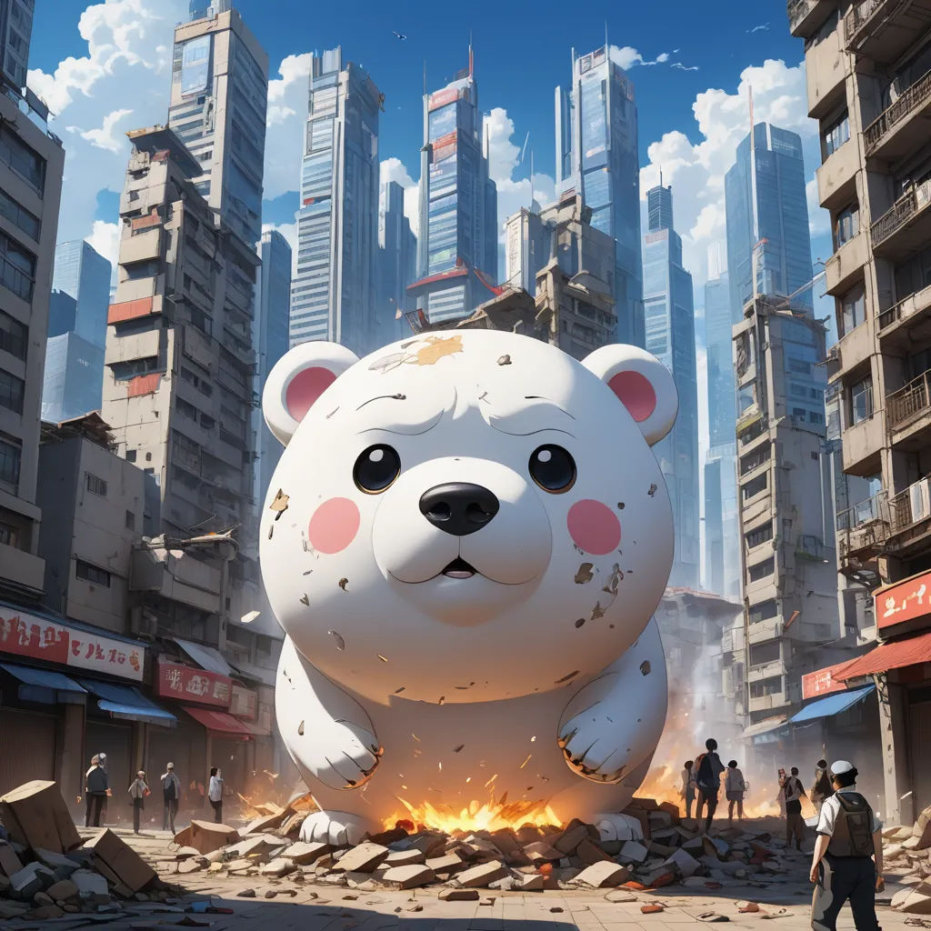 a giant white bear in a city with people walking around it and buildings in the background with a sky line, auto-destructive art, a painting, Chris LaBrooy, official art