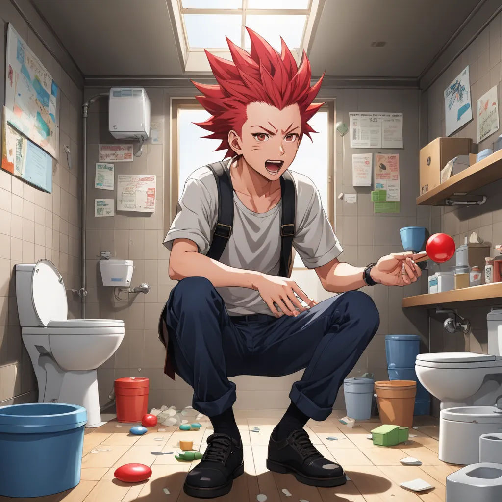 a man with red hair sitting on a toilet in a bathroom with a mess all over the floor and a toilet bowl, sots art, a stock photo, Adam Manyoki, official art