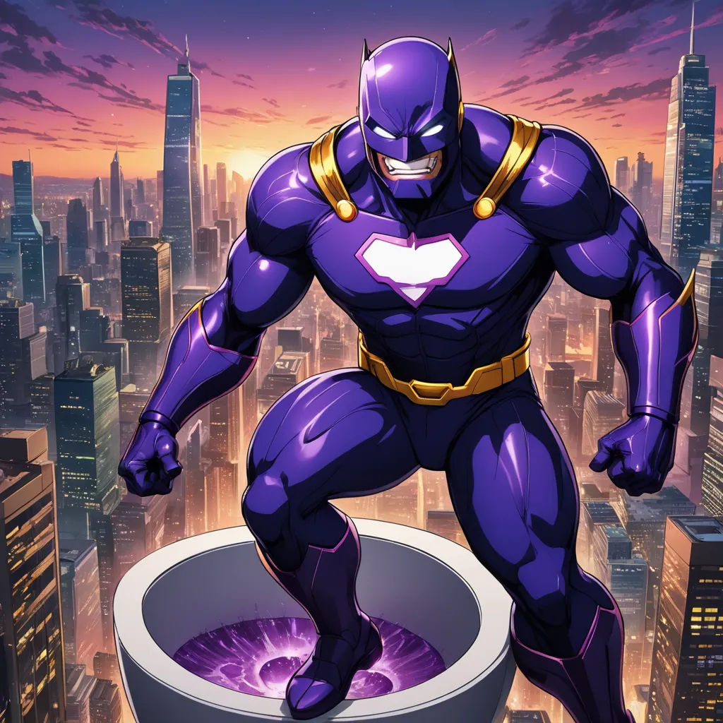 a purple superhero standing on top of a purple object in a cityscape with a purple sky background, sots art, a comic book panel, Altichiero, purple