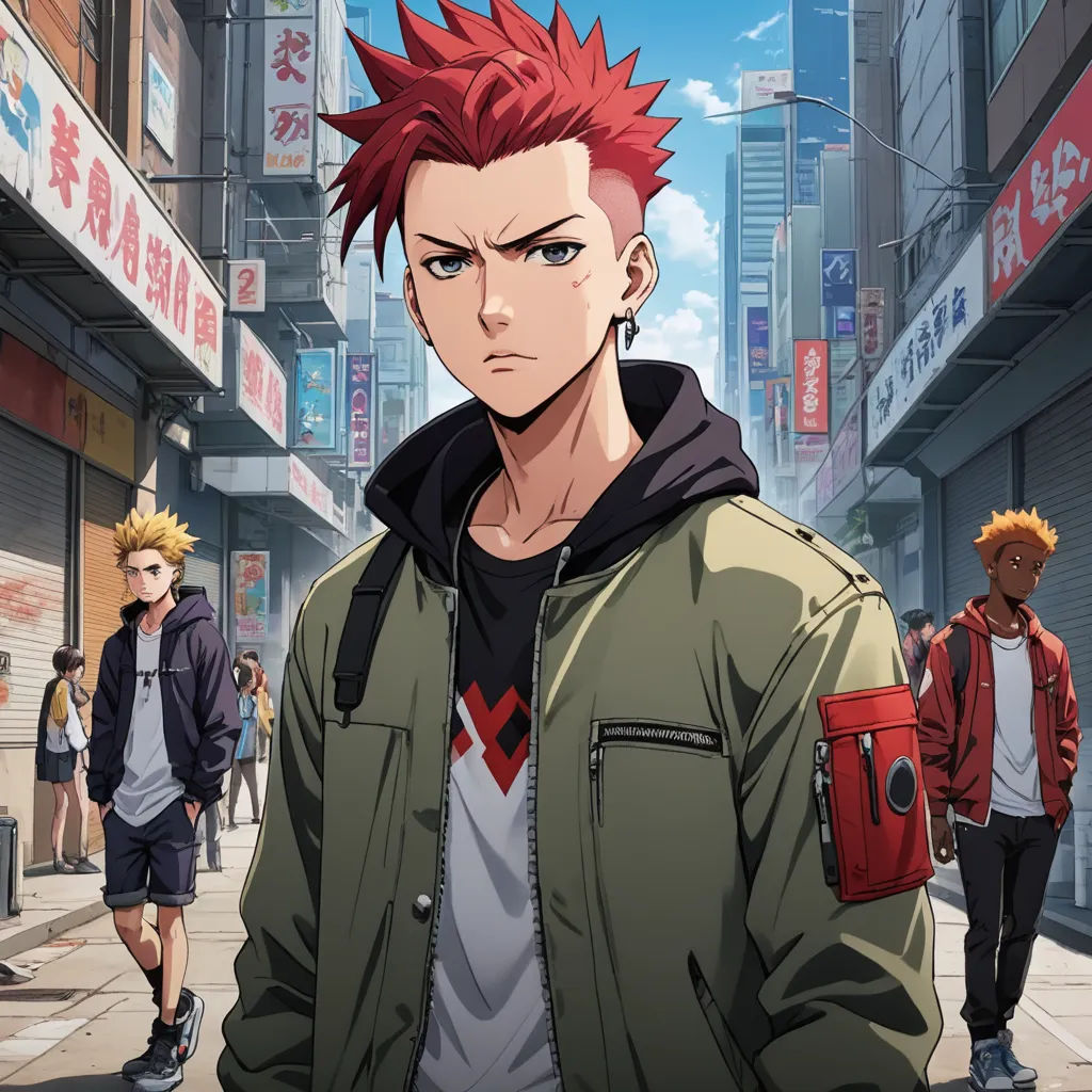 a man with red hair and a green jacket standing in a city street with other people in the background, sots art, a character portrait, Cedric Seaut (Keos Masons), official art
