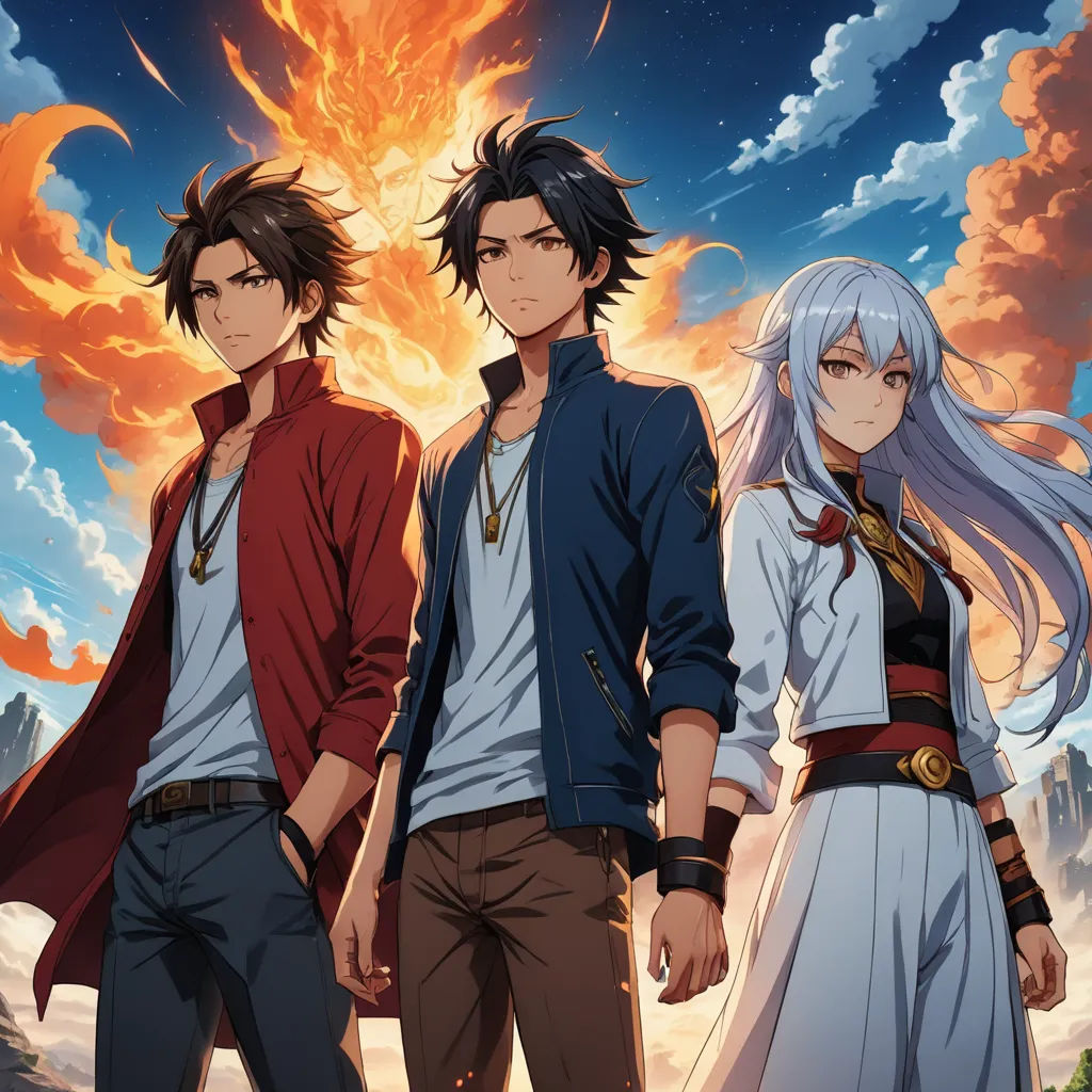 a group of people standing next to each other in front of a fireball and sky with clouds in the background, rayonism, poster art, Baiōken Eishun, anime key visual