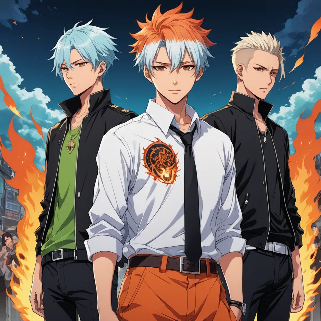 three men standing next to each other in front of a fire background with a sky background and clouds in the background, rayonism, an album cover, Baiōken Eishun, official art