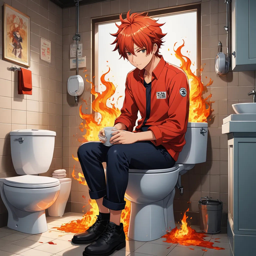 a man sitting on a toilet in a bathroom with a fire on the wall behind him and a toilet bowl on fire, remodernism, an album cover, Ay-O, official art