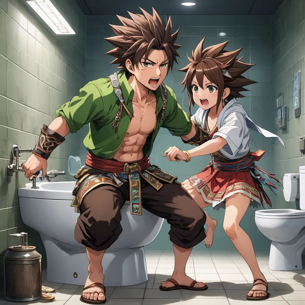 a man and a woman in a bathroom with a toilet and sink in the background, and a cartoon of a man with a sword, sots art, a stock photo, Baiōken Eishun, octopath traveler