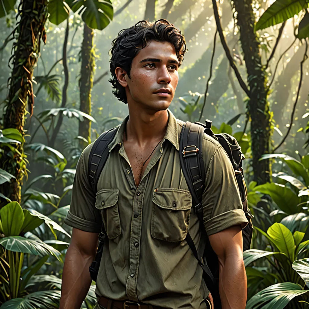 a man in a jungle with a backpack on his back and a backpack on his shoulder, standing in front of a jungle, samikshavad, a character portrait, David Park, promotional image