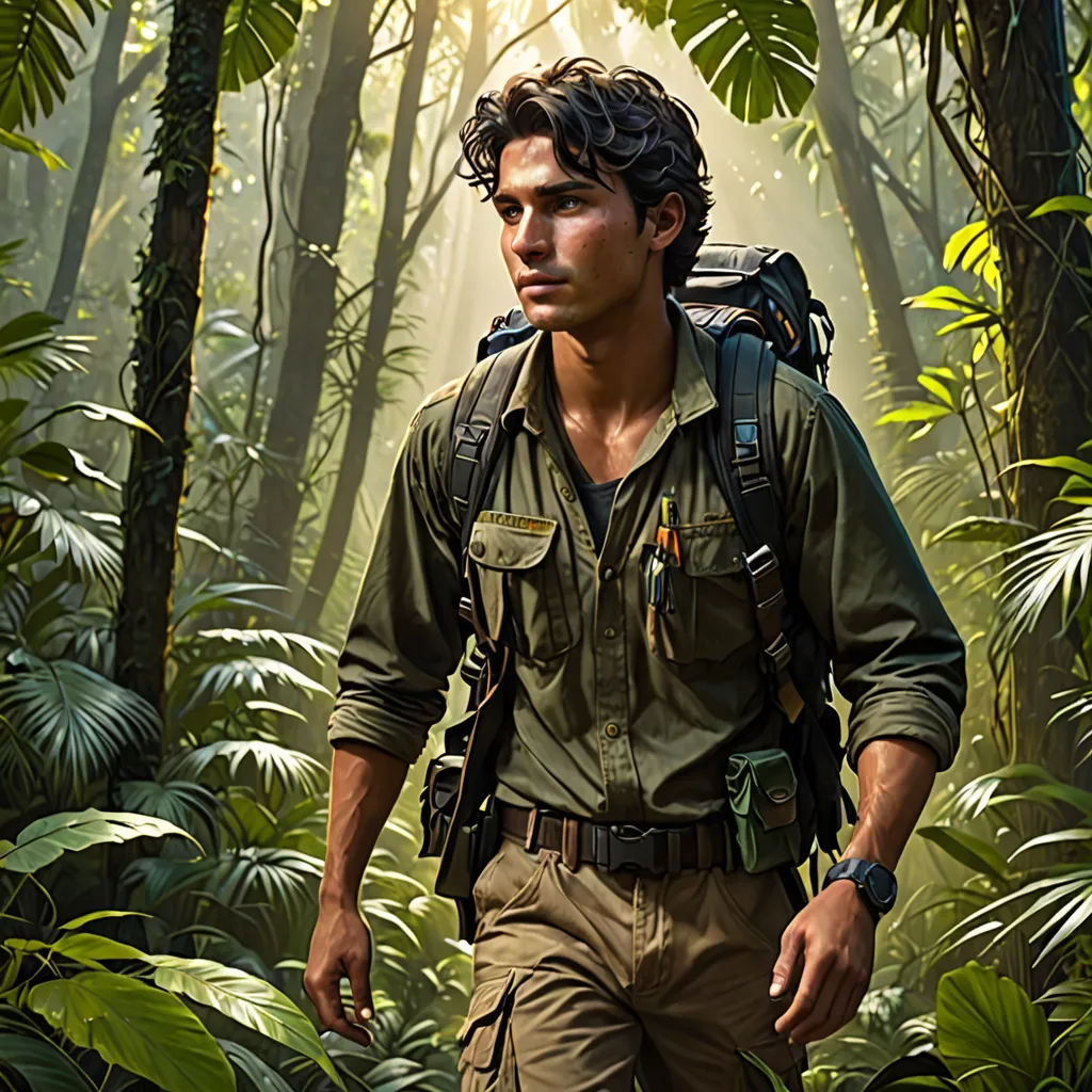 a man in a jungle with a backpack on his back walking through the jungle with a backpack on his back, naturalism, a character portrait, Eddie Mendoza, promotional image
