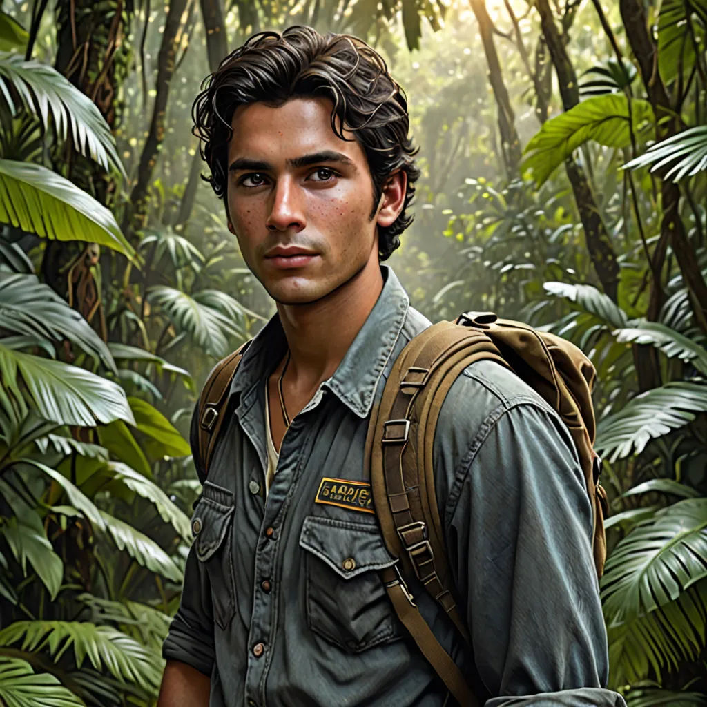a man in a jungle with a backpack on his back and a backpack on his shoulder, standing in front of a jungle, photorealism, a photorealistic painting, David Park, photoreal
