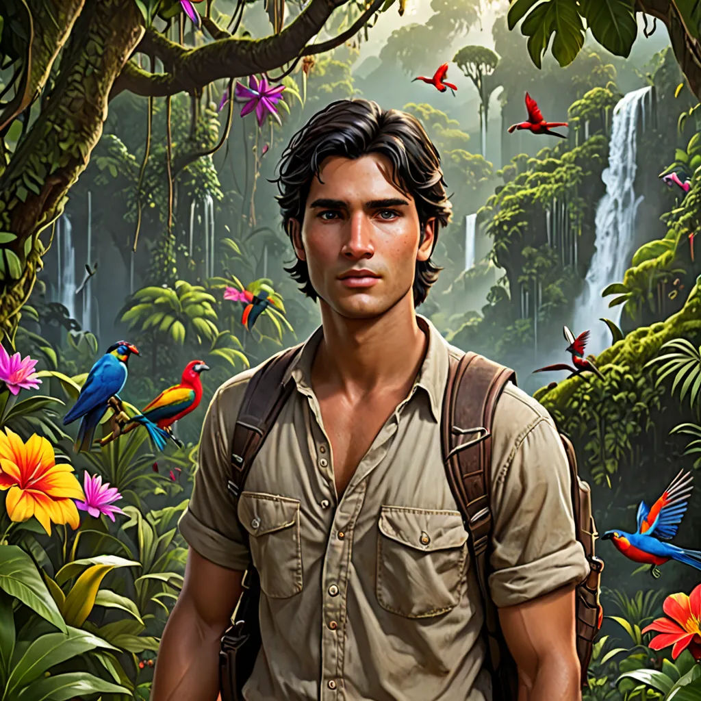 a man standing in front of a jungle with birds and flowers on it's chest and a waterfall in the background, magical realism, a character portrait, Cliff Childs, highly detailed digital painting