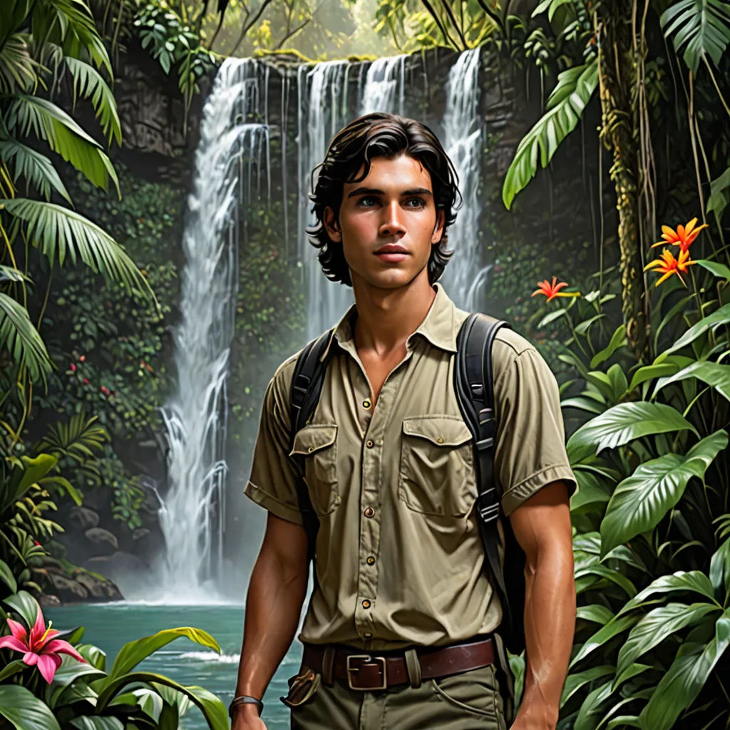 a man in a jungle with a waterfall in the background and flowers in the foreground, and a bird in the foreground, figurative art, a photorealistic painting, Colin Middleton, highly detailed digital painting
