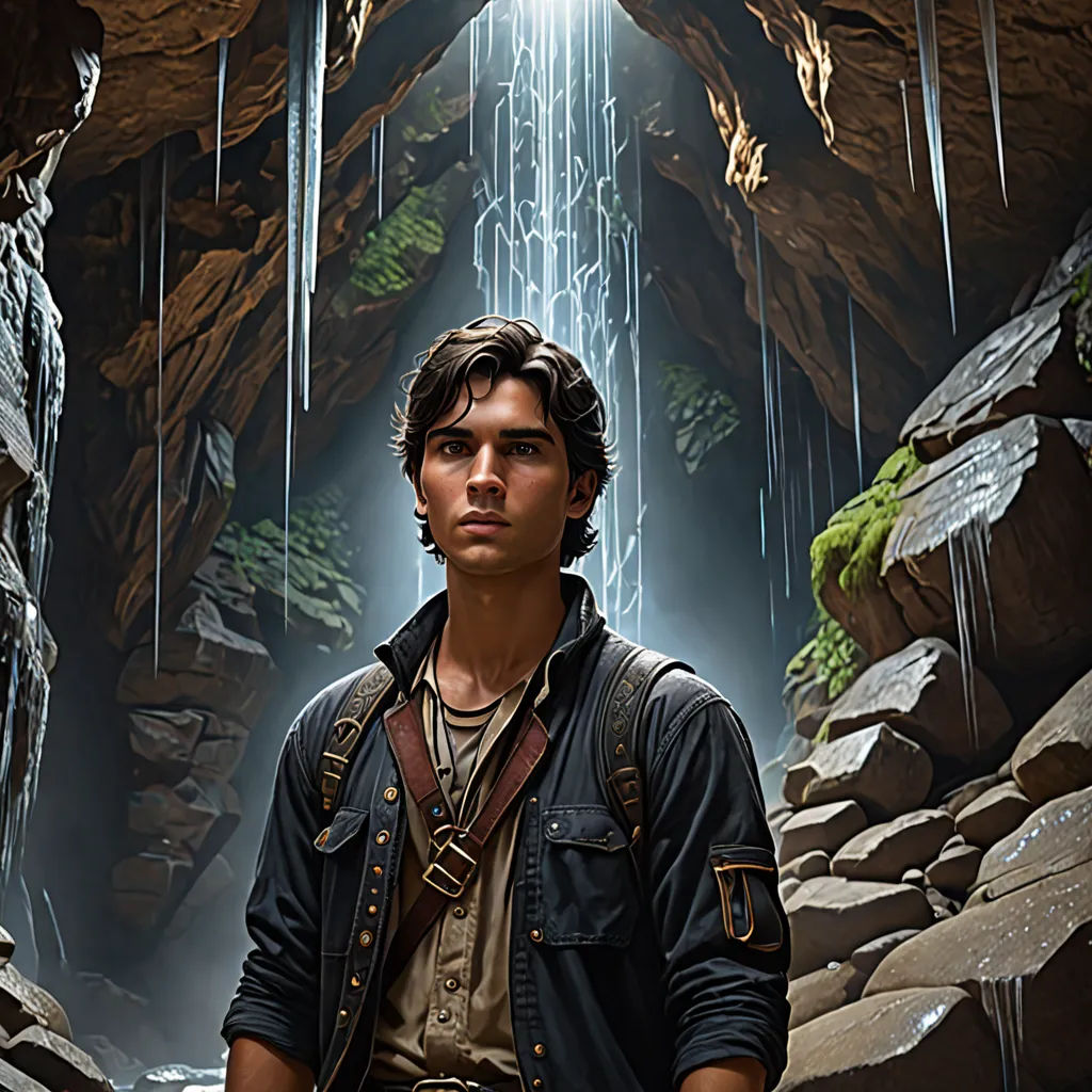 a man standing in a cave with a waterfall coming out of it's mouth and a light coming from the cave, photorealism, poster art, Drew Struzan, key art