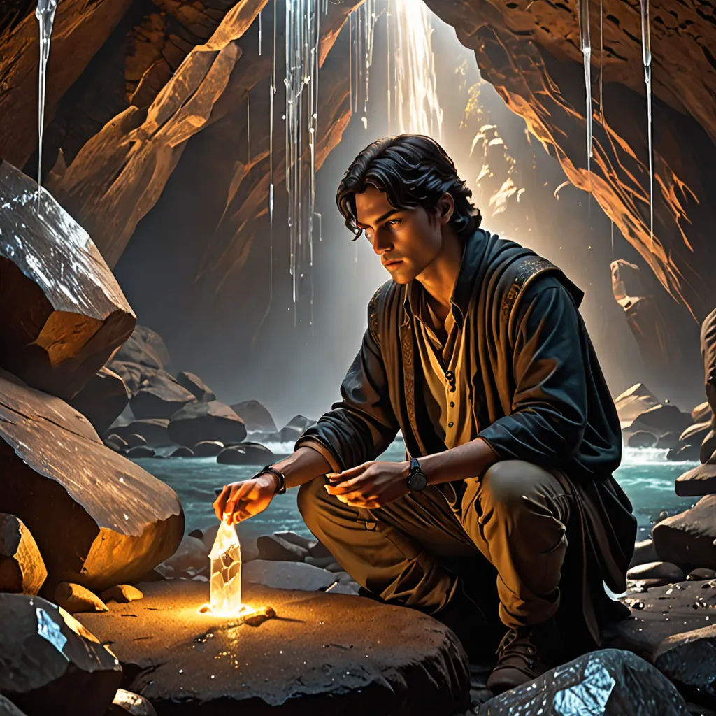 a man kneeling down next to a fire in a cave with a waterfall in the background and a bottle of water in the foreground, fantasy art, a detailed matte painting, Drew Struzan, magic the gathering artwork