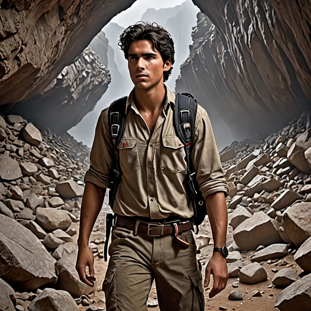 a man in a desert scene with a backpack on his back and a rock formation in the background with a cave entrance, naturalism, a cave painting, Adam Dario Keel, promotional image