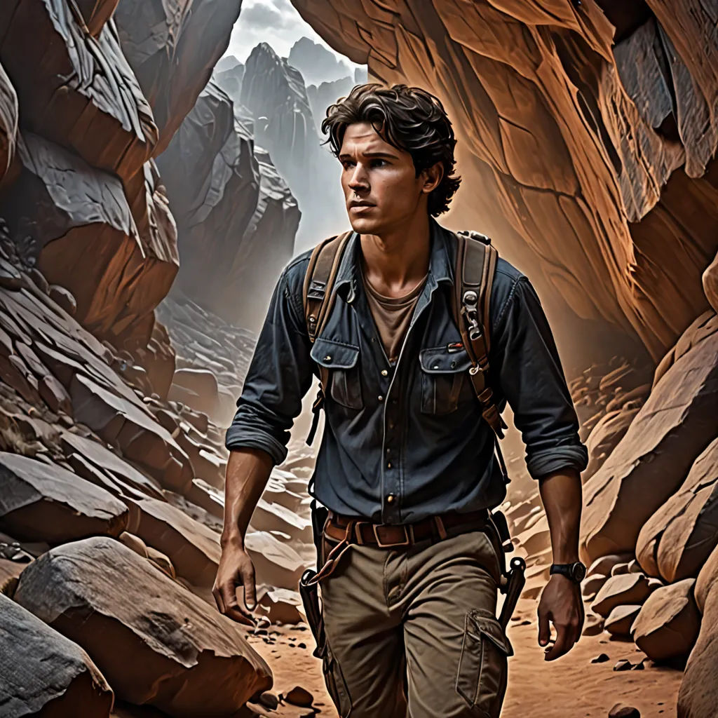 a man walking through a canyon with a backpack on his back and a backpack on his shoulder, in front of a rock formation, photorealism, poster art, Dirk Crabeth, promotional image
