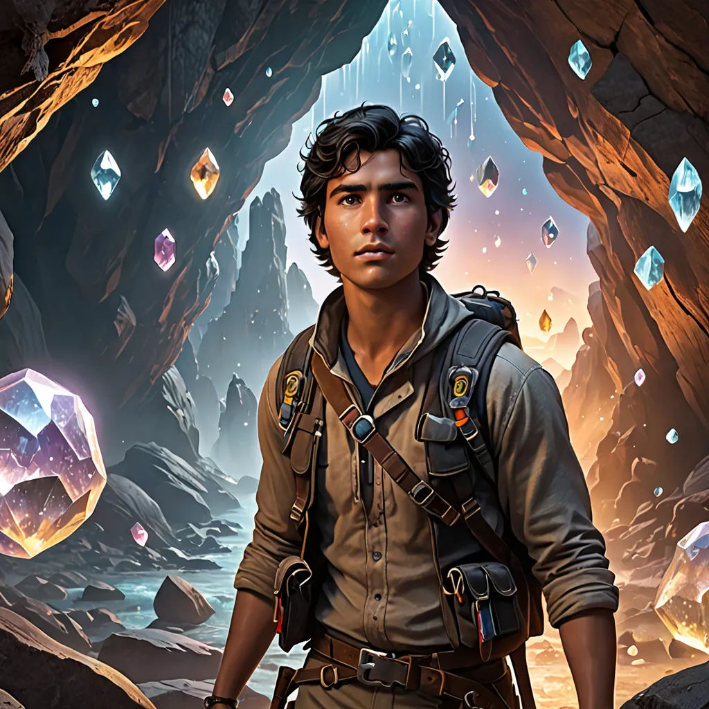 a man in a cave with a backpack and a backpack on his back, standing in front of a cave, fantasy art, concept art, Cedric Seaut (Keos Masons), rossdraws global illumination