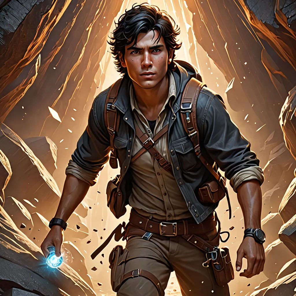 a man in a cave with a glowing light in his hand and a sword in his hand, with a glowing light in his hand, fantasy art, a character portrait, Clint Cearley, magic the gathering artwork