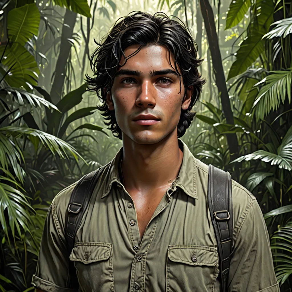 a man with a backpack standing in front of a jungle background with a bird on his shoulder and a bird on his shoulder, photorealism, a photorealistic painting, Colin Middleton, photoreal