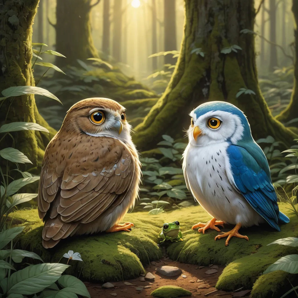 two owls sitting on a mossy patch in the woods with sunlight shining through the trees behind them and a path leading to them, fantasy art, a storybook illustration, Chris LaBrooy, magic the gathering artwork