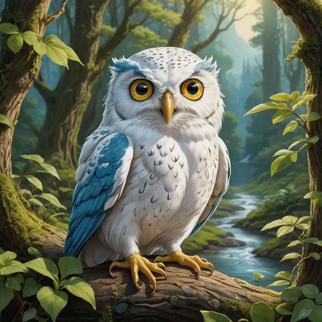 a painting of a white owl sitting on a branch in a forest with a stream running through it's center, fantasy art, a storybook illustration, Chris LaBrooy, magic the gathering artwork