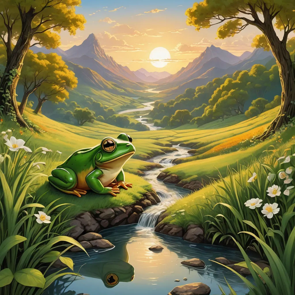 a frog sitting on a rock in a river with a mountain background and a stream running through it, with a sun setting behind the mountains, fantasy art, a storybook illustration, Chris LaBrooy, storybook illustration