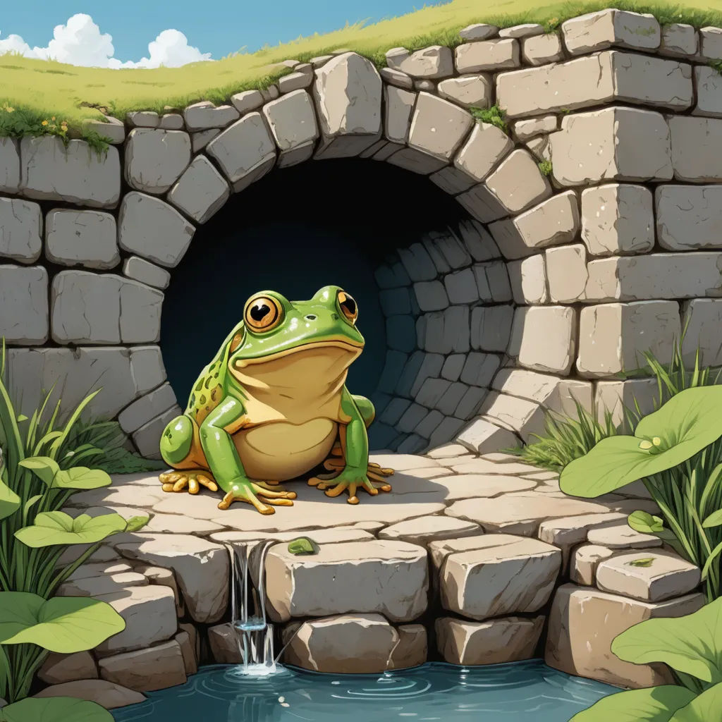 a frog sitting in front of a small waterfall in a stone tunnel with a waterfall coming out of it, fantasy art, a storybook illustration, Chris LaBrooy, storybook illustration