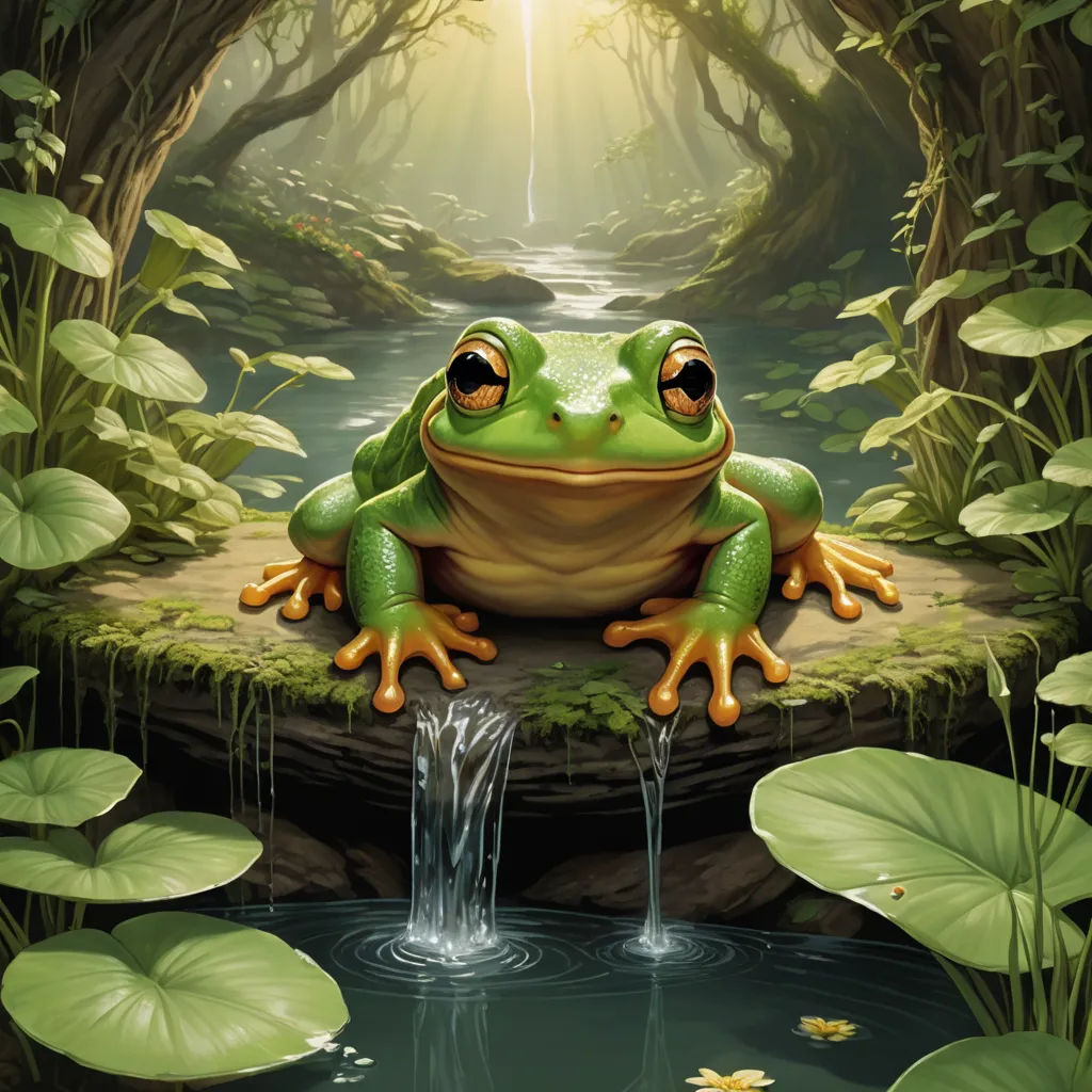a frog sitting on a rock in a pond of water with lily pads surrounding it and a waterfall running through the center, fantasy art, a storybook illustration, Chris LaBrooy, magic the gathering artwork