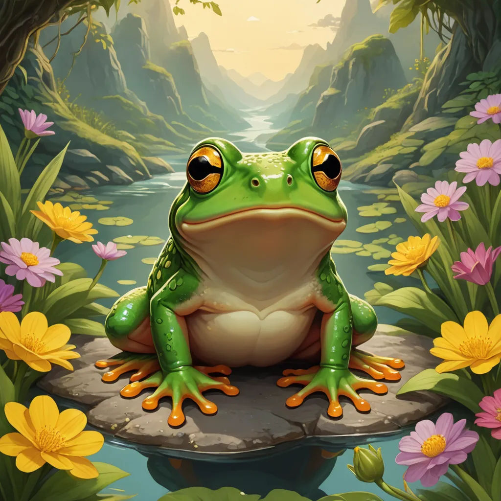 a frog sitting on a rock in a forest with flowers and a stream of water in the background with a sunlit forest behind it, fantasy art, a digital painting, Andries Stock, magic the gathering artwork
