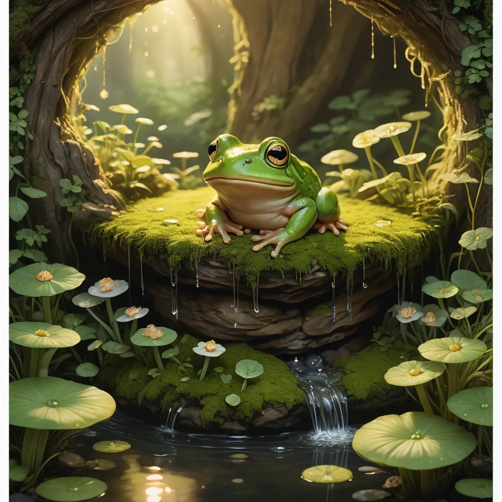 a frog sitting on a mossy rock in a pond of water with lily pads around it and a tree trunk in the background, fantasy art, a storybook illustration, Chris LaBrooy, highly detailed digital painting