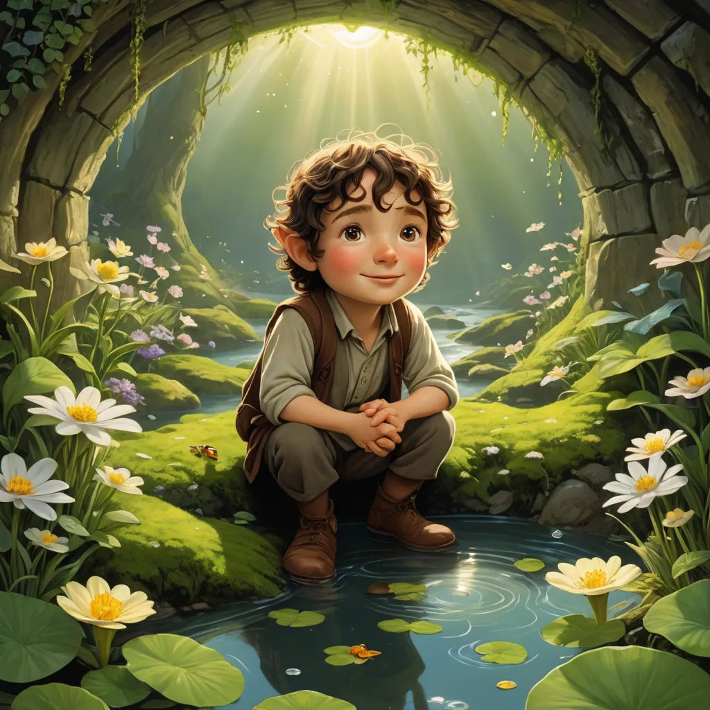 a boy sitting on a rock in a pond of water with lily pads around him and a light shining in the background, fantasy art, a storybook illustration, Cliff Childs, official art