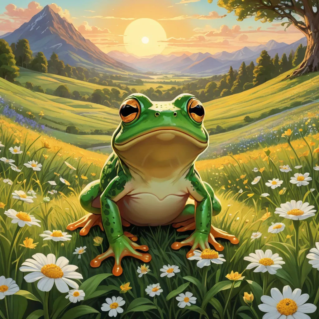 a frog sitting on a flowery field with a mountain in the background and a sun setting behind it, fantasy art, a storybook illustration, Chris LaBrooy, professional digital painting
