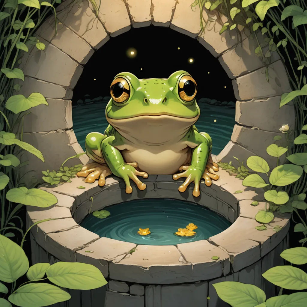 a frog sitting on a ledge in a hole with water and leaves surrounding it, with a light shining on the frog's face, fantasy art, a storybook illustration, Chris LaBrooy, rossdraws global illumination