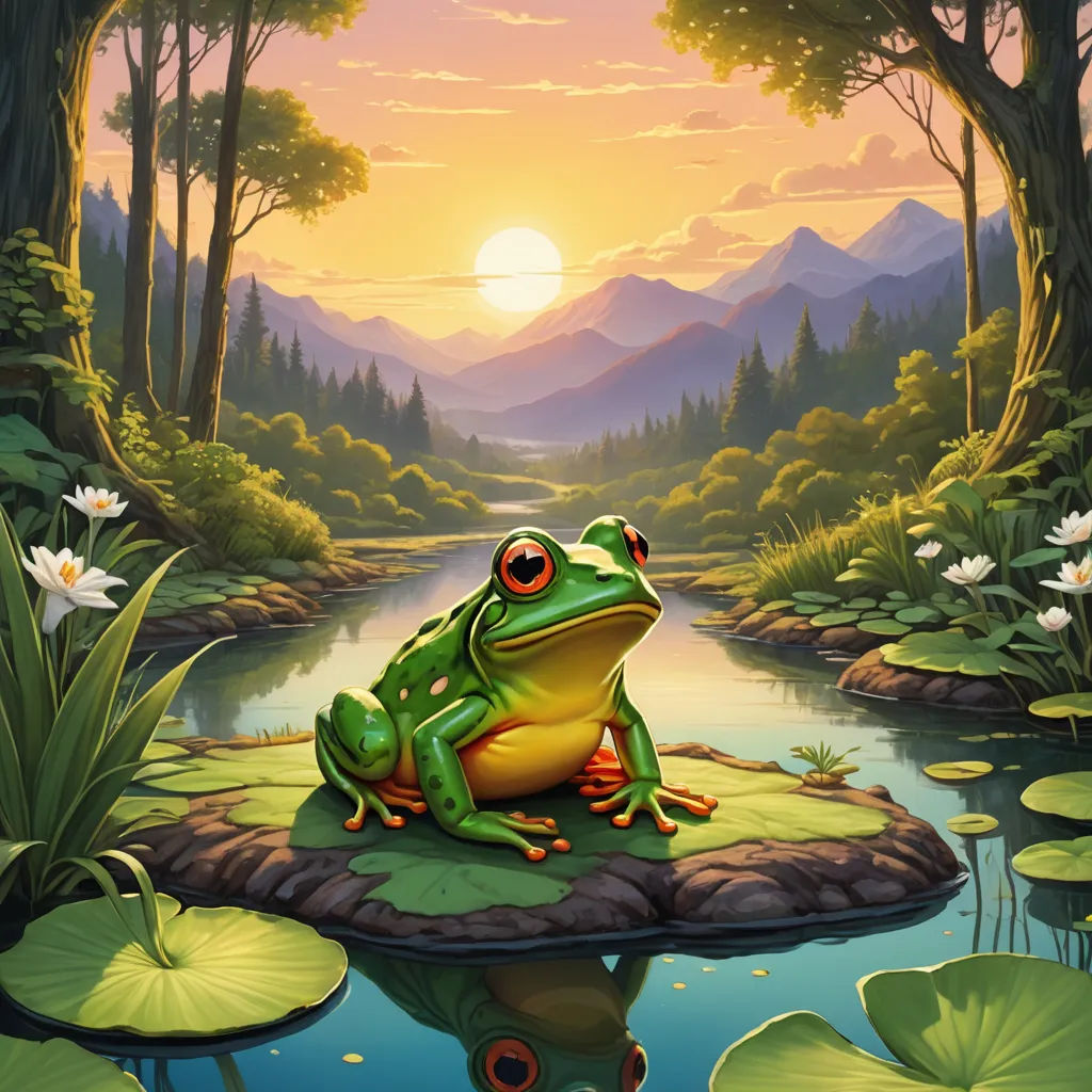 a frog sitting on a lily pad in a pond with lily pads around it and a sunset in the background, fantasy art, a storybook illustration, Andries Stock, highly detailed digital painting