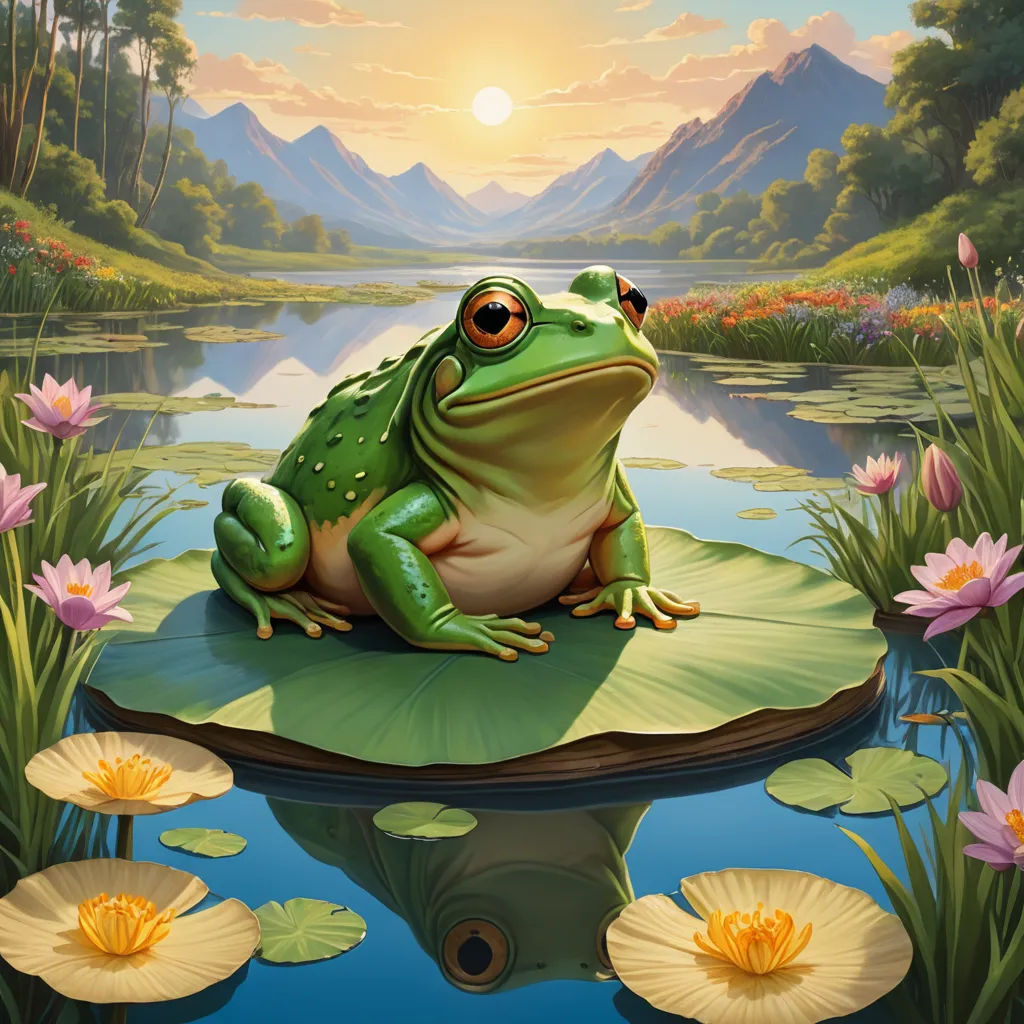 a frog sitting on a lily pad in a pond with lily pads around it and mountains in the background, fantasy art, a storybook illustration, Chris LaBrooy, highly detailed digital painting