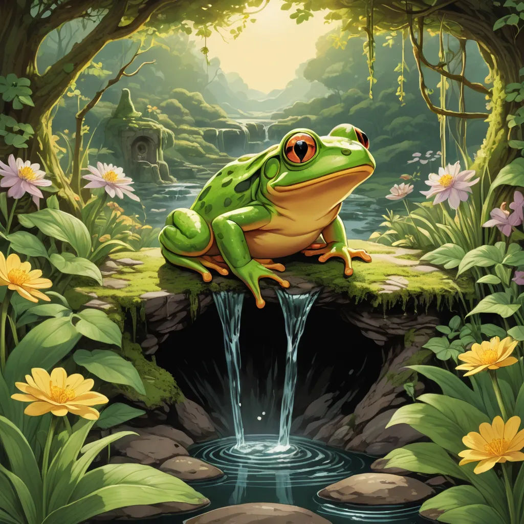 a frog sitting on a rock in a forest with a waterfall and flowers around it, with a sunbeam in the background, fantasy art, a storybook illustration, Andries Stock, storybook illustration