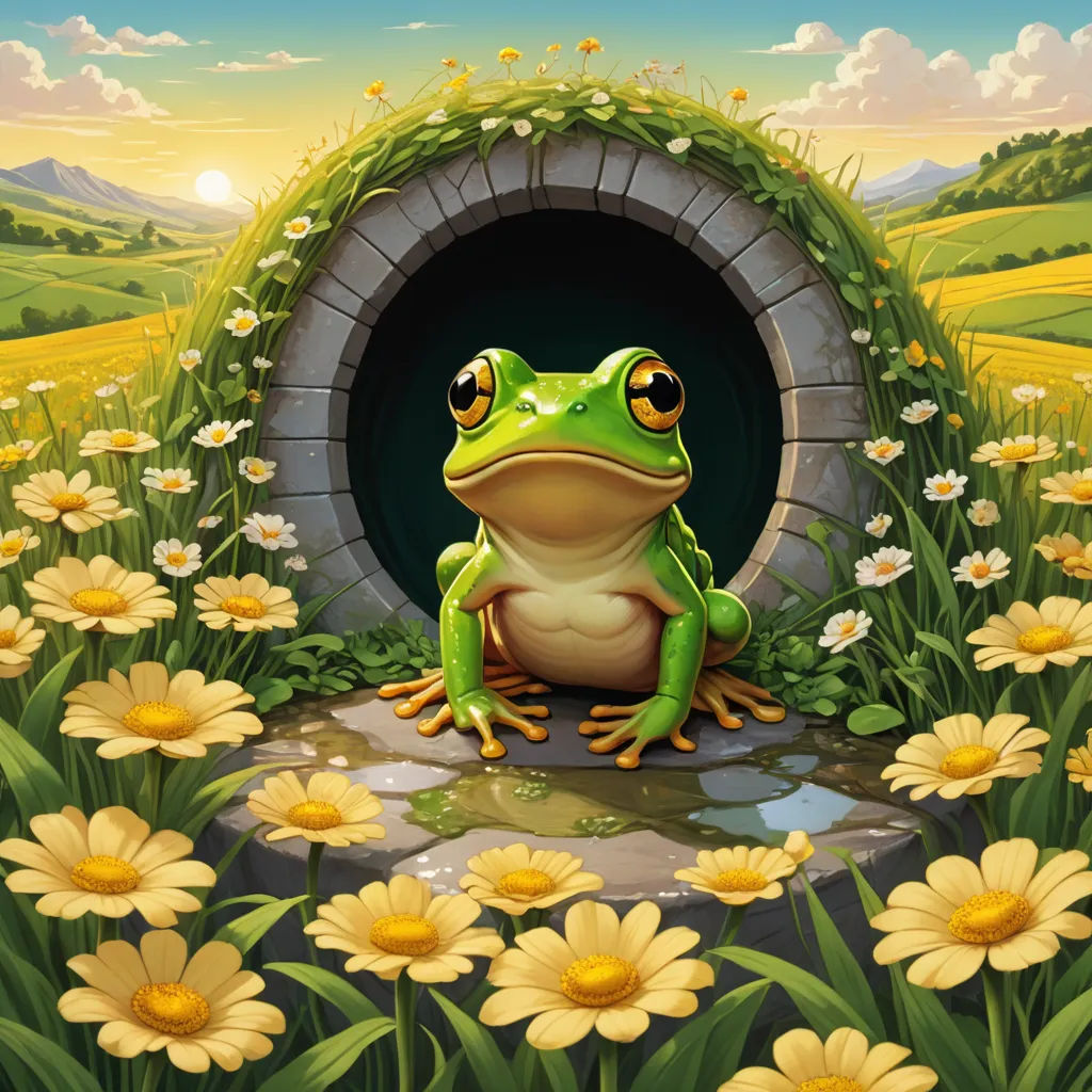 a frog sitting in the middle of a flower garden with a stone tunnel in the background that has daisies growing on it, fantasy art, a storybook illustration, Chris LaBrooy, storybook illustration