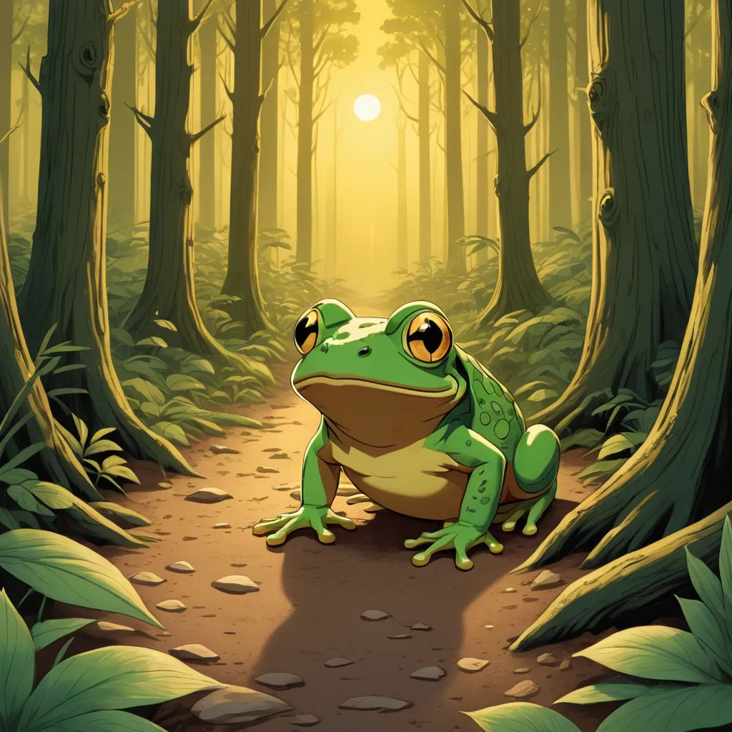 a frog sitting on a path in a forest with the sun shining through the trees behind it and a path leading to the forest, fantasy art, a storybook illustration, Andries Stock, storybook illustration