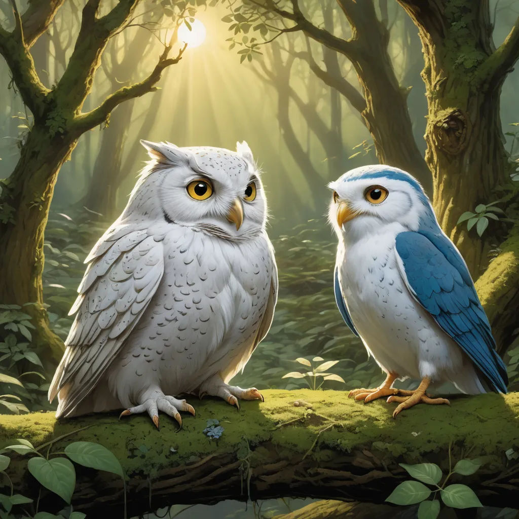 two owls sitting on a branch in a forest with sunlight shining through the trees behind them and a forest floor, fantasy art, a storybook illustration, Anne Stokes, official art