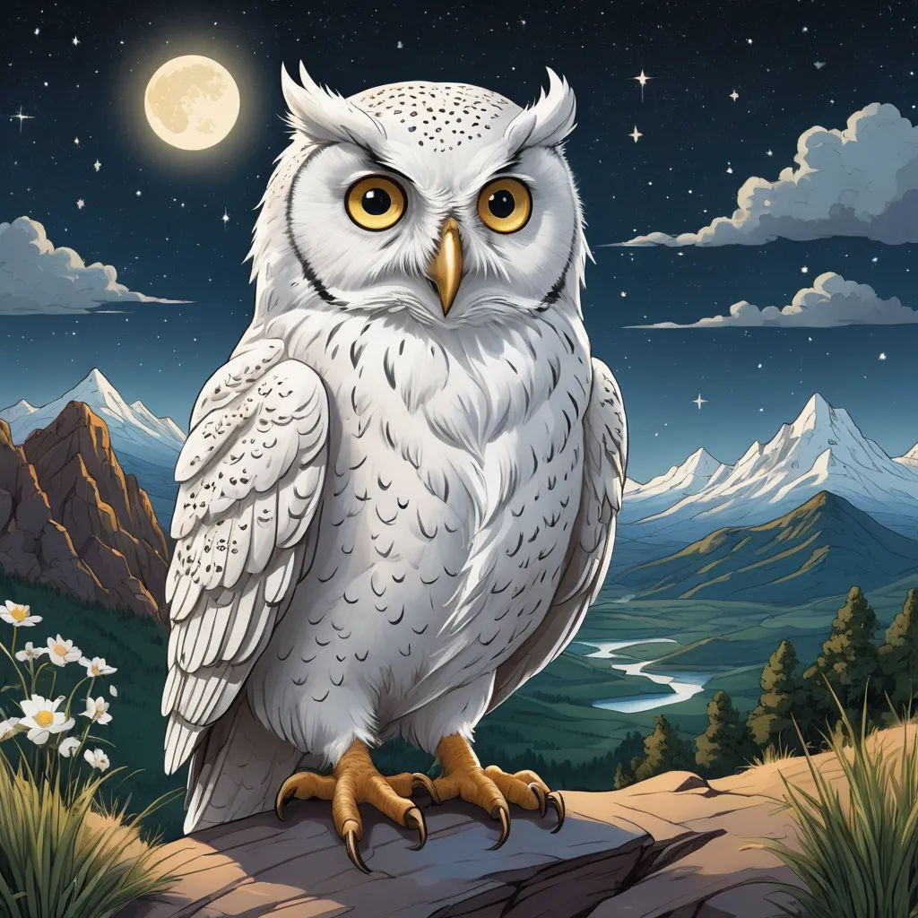 a white owl sitting on a rock in the night sky with a full moon in the background and mountains and flowers, fantasy art, a storybook illustration, Chris LaBrooy, highly detailed digital painting