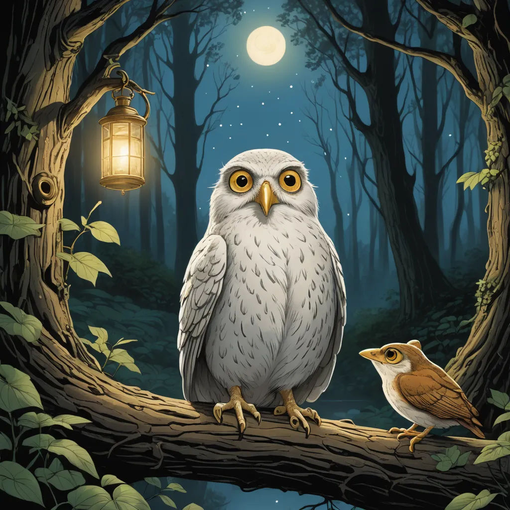 a painting of an owl and a bird sitting on a branch in a forest at night with a lantern, fantasy art, a storybook illustration, Dan Mumford, storybook illustration