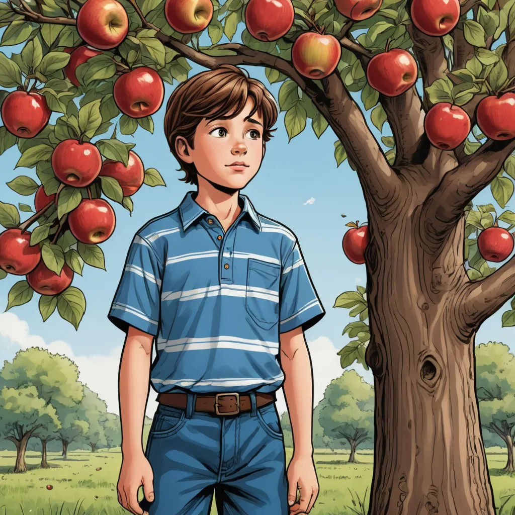 a boy standing in front of a tree with apples on it, in a field with grass and trees, precisionism, a storybook illustration, F Scott Hess, comic cover art