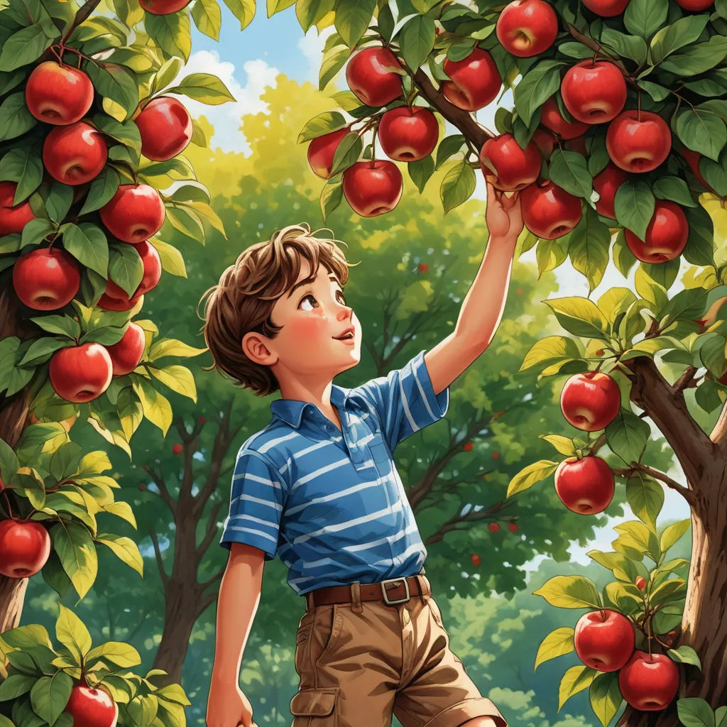 a boy picking apples from a tree in a orchard with lots of red apples on it, and a blue sky in the background, precisionism, a storybook illustration, Aaron Jasinski, highly detailed digital painting