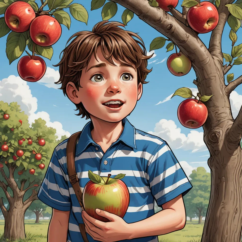 a boy holding an apple in front of a tree with apples on it and a sky background with clouds, photorealism, a storybook illustration, Aaron Jasinski, highly detailed digital painting
